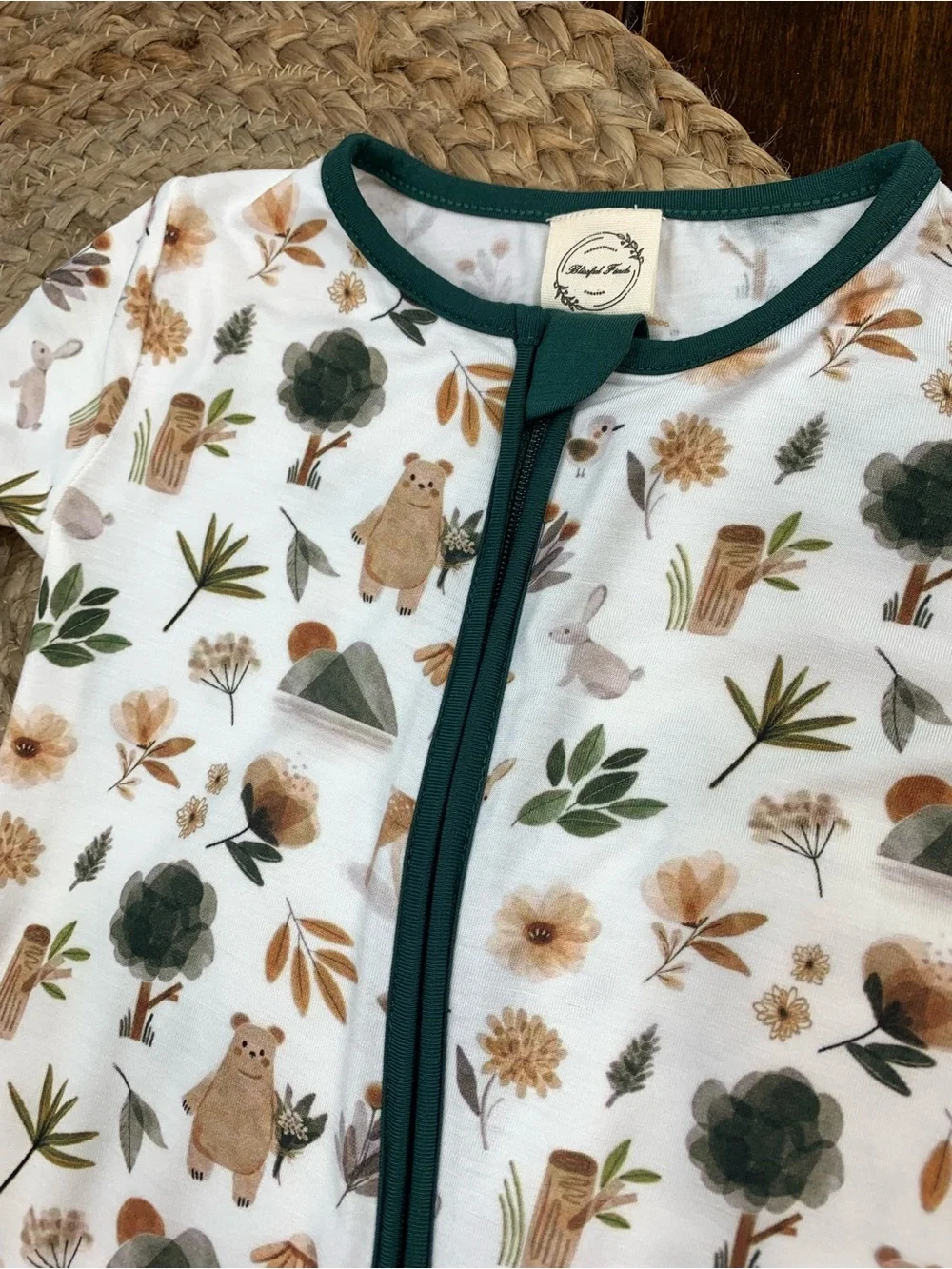 Baby Bamboo Gender Neutral One-Piece Zipper Romper in Forest Green and Cream